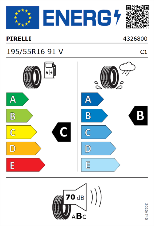 Tyre Label for Pirelli Cinturato P1 195/55R16 91V